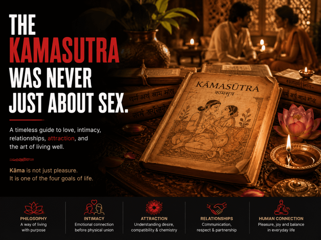 Ancient Kamasutra manuscript with traditional Indian decor symbolizing intimacy, philosophy, relationships, and human connection.