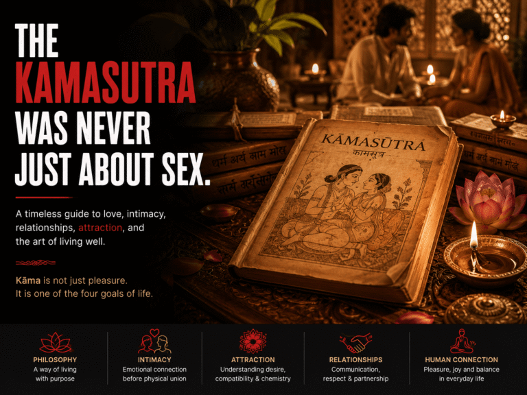 Ancient Kamasutra manuscript with traditional Indian decor symbolizing intimacy, philosophy, relationships, and human connection.
