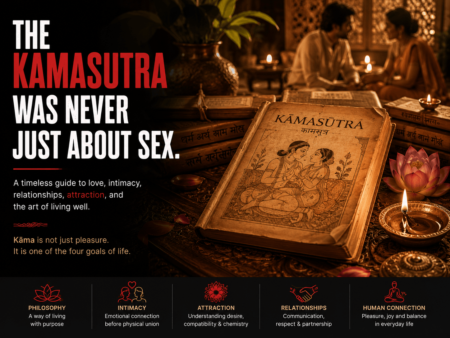Ancient Kamasutra manuscript with traditional Indian decor symbolizing intimacy, philosophy, relationships, and human connection.