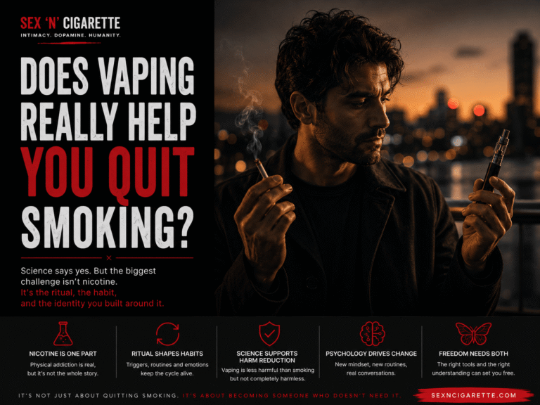 An adult comparing a cigarette and a vape while reflecting on quitting smoking, representing vaping, nicotine addiction, smoking psychology, and harm reduction.