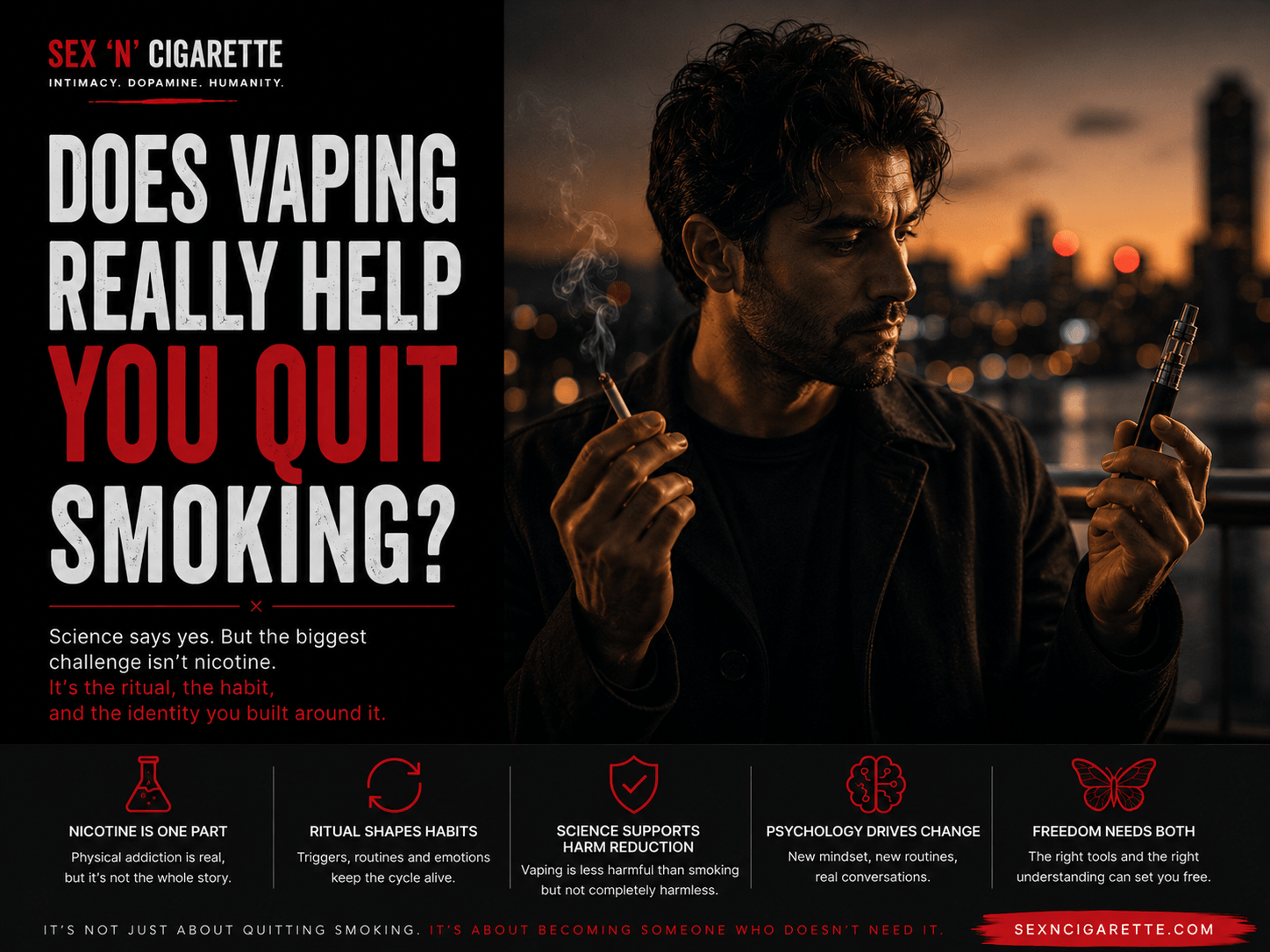 An adult comparing a cigarette and a vape while reflecting on quitting smoking, representing vaping, nicotine addiction, smoking psychology, and harm reduction.