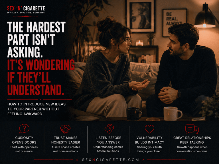 A couple having a calm, heartfelt conversation in a cozy living room, symbolizing trust, emotional vulnerability, relationship communication, and introducing new ideas with honesty.