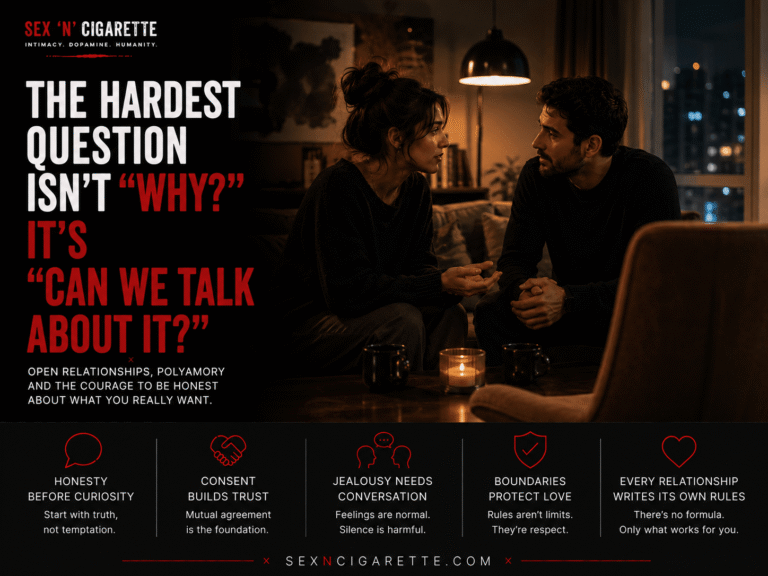 A couple having an honest conversation in a warmly lit living room with an empty chair nearby, symbolizing open relationships, polyamory, trust, communication, and emotional vulnerability.