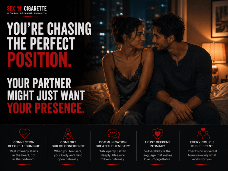 A couple sitting closely together in a softly lit bedroom, symbolizing emotional intimacy, communication, trust, and healthy relationships rather than performance-focused sexuality.
