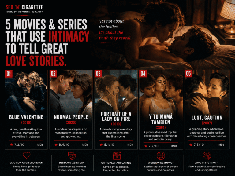 Cinematic collage featuring five critically acclaimed films and series that use intimacy to explore love, vulnerability, relationships, and human connection, designed in the Sex 'N' Cigarette editorial style with bold Netflix-inspired typography