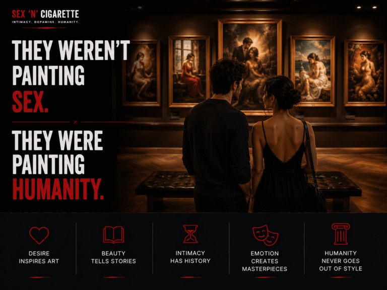 A couple viewing famous classical paintings in a museum gallery, symbolizing the connection between art, intimacy, beauty, human desire, and cultural history.