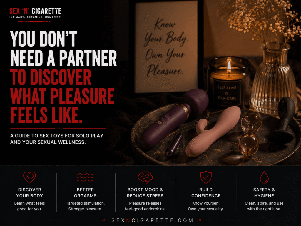 A premium editorial-style arrangement of body-safe sex toys in a warm, softly lit bedroom, symbolizing solo exploration, sexual wellness, self-discovery, and body confidence, with bold Sex 'N' Cigarette magazine typography promoting healthy intimacy and self-awareness.