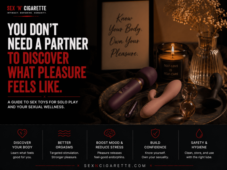 A premium editorial-style arrangement of body-safe sex toys in a warm, softly lit bedroom, symbolizing solo exploration, sexual wellness, self-discovery, and body confidence, with bold Sex 'N' Cigarette magazine typography promoting healthy intimacy and self-awareness.