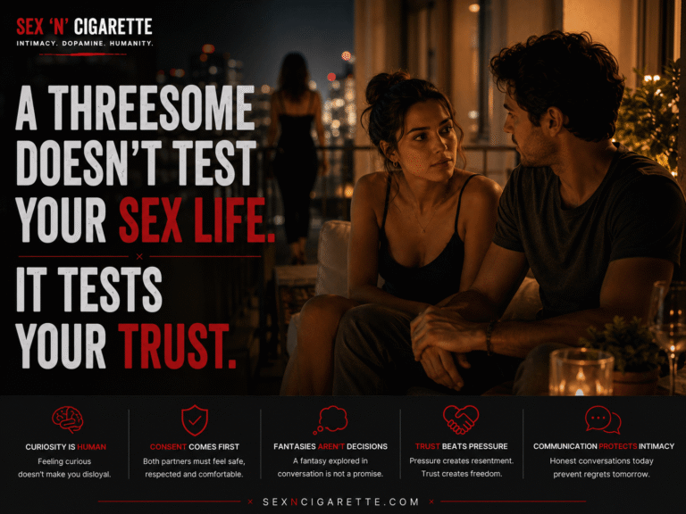A couple having a thoughtful conversation about sexual boundaries and trust while discussing a threesome, symbolizing intimacy, curiosity, communication, and relationship psychology.