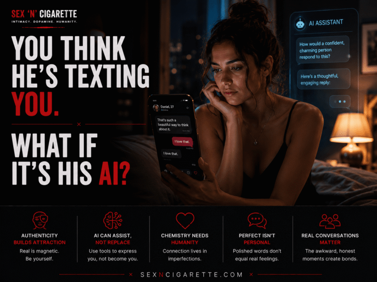 A woman looking at a dating app conversation on her phone while a subtle AI presence is reflected nearby, symbolizing artificial intelligence, online dating, authenticity, and modern relationships.