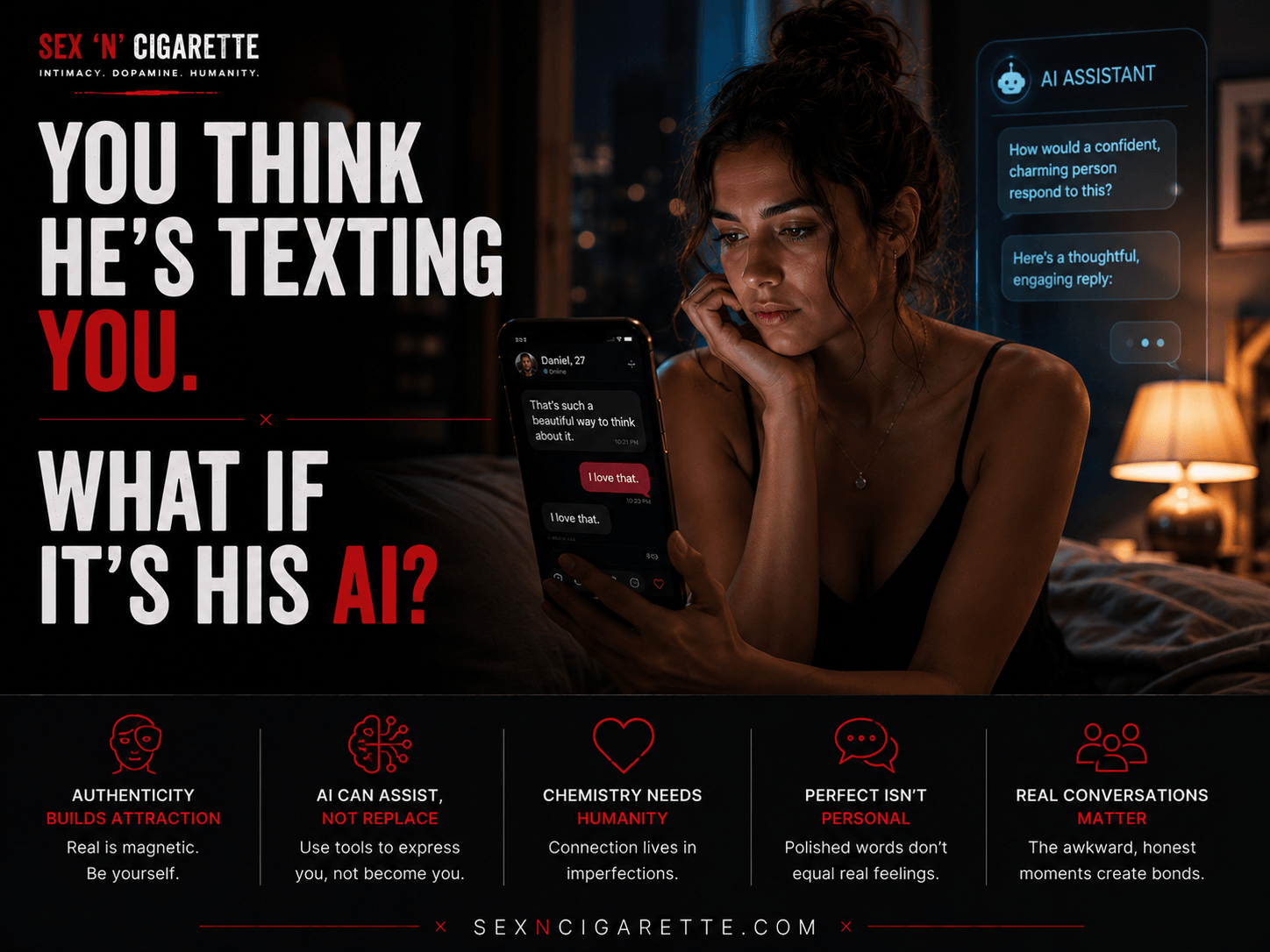 A woman looking at a dating app conversation on her phone while a subtle AI presence is reflected nearby, symbolizing artificial intelligence, online dating, authenticity, and modern relationships.
