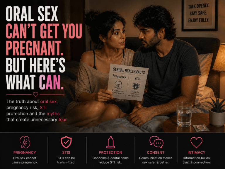 Adult couple discussing sexual health and pregnancy risks after intimacy, representing communication, protection and informed sex.