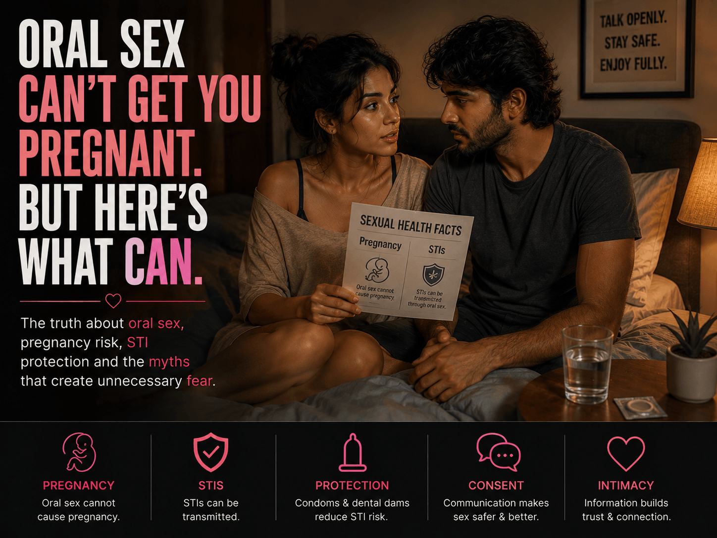 Adult couple discussing sexual health and pregnancy risks after intimacy, representing communication, protection and informed sex.