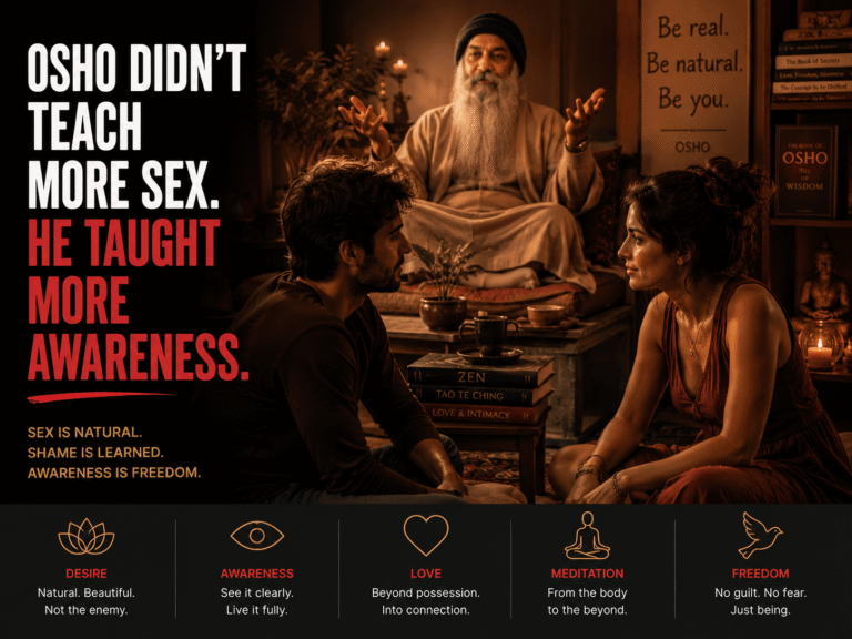 An editorial illustration inspired by Osho's philosophy, showing a spiritual teacher and a couple reflecting on intimacy, awareness, and human connection.