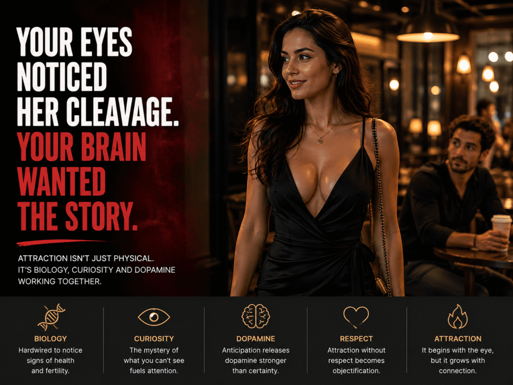 An elegant woman in a stylish dress walking through a café while a man briefly notices her, illustrating the psychology of attraction and visual attention.
