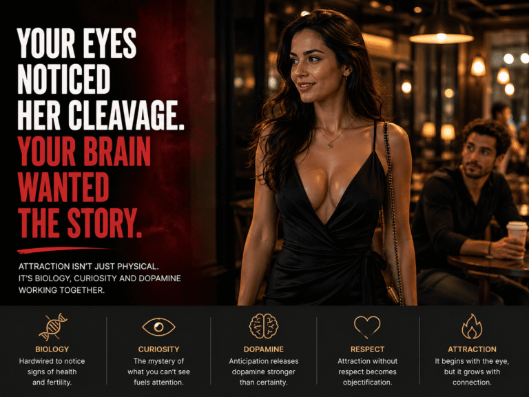 An elegant woman in a stylish dress walking through a café while a man briefly notices her, illustrating the psychology of attraction and visual attention.