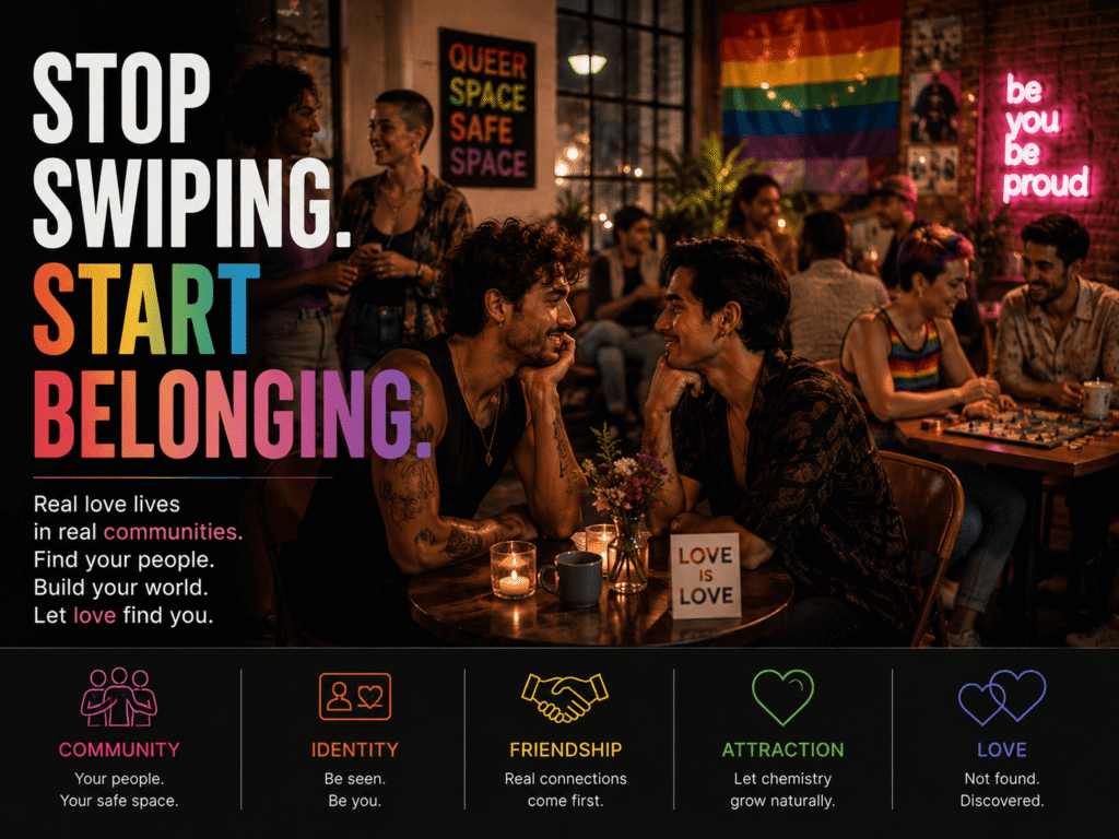 LGBTQ+ adults meeting at a community event, representing real-world connection, friendship, belonging and finding love without dating apps.
