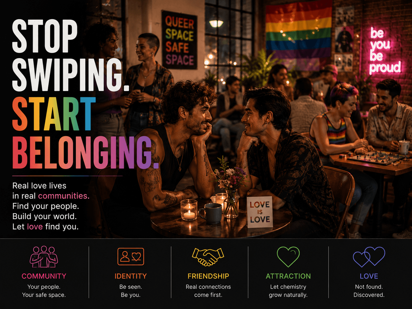 LGBTQ+ adults meeting at a community event, representing real-world connection, friendship, belonging and finding love without dating apps.