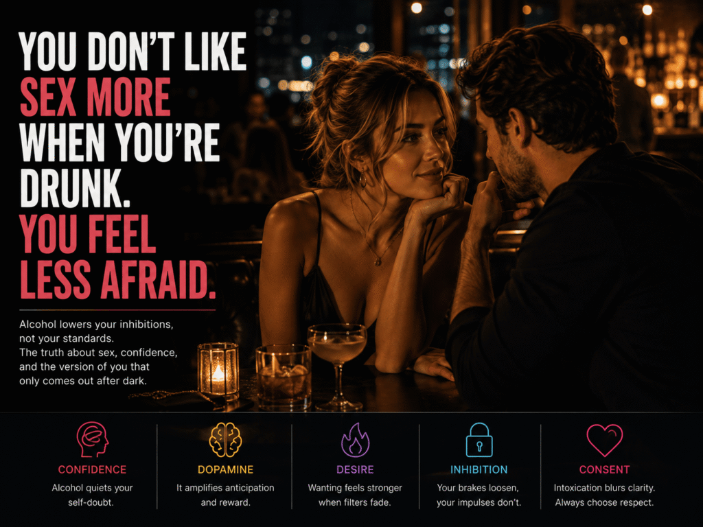 Adult couple sharing an intimate conversation at a bar, illustrating alcohol, attraction, confidence and sexual psychology.