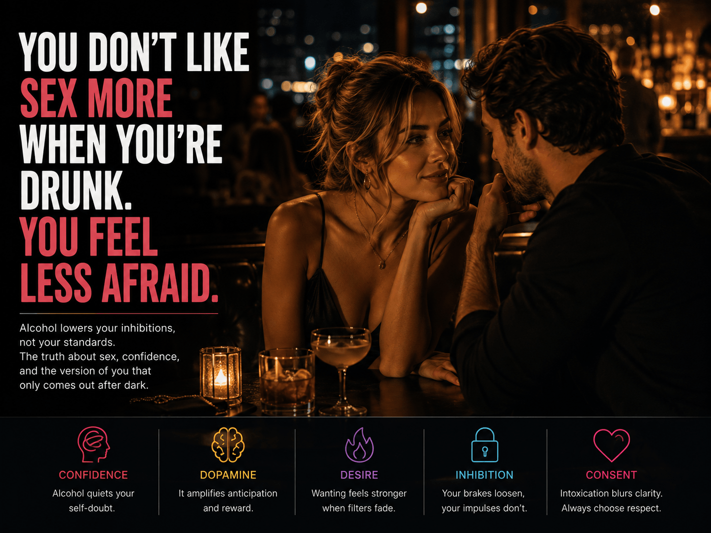 Adult couple sharing an intimate conversation at a bar, illustrating alcohol, attraction, confidence and sexual psychology.