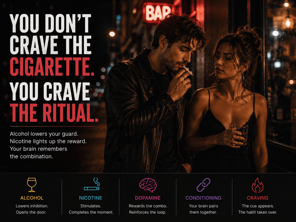 Adult couple outside a bar at night with a cigarette and drinks, illustrating smoking cravings after alcohol and the psychology of habit.