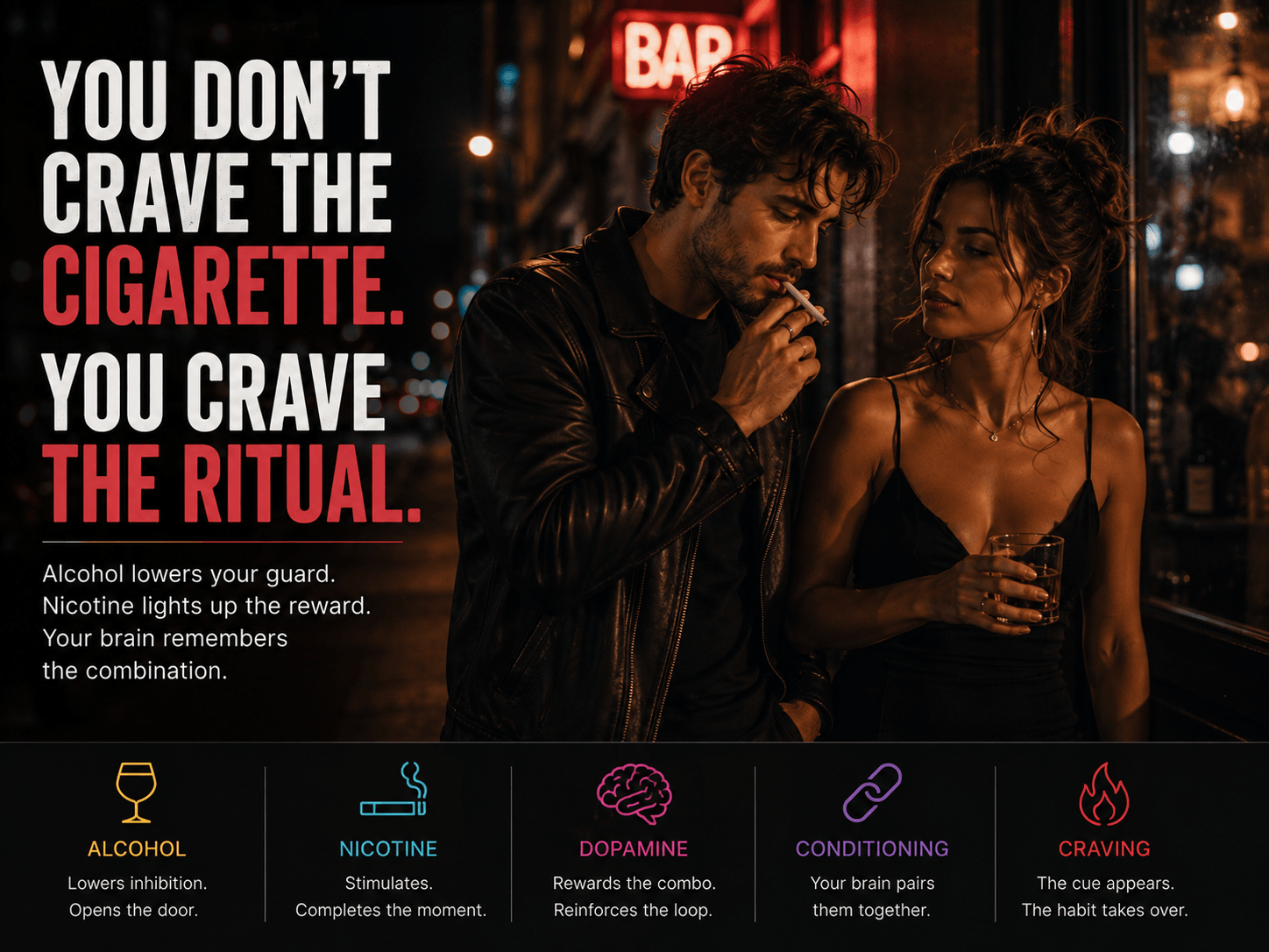 Adult couple outside a bar at night with a cigarette and drinks, illustrating smoking cravings after alcohol and the psychology of habit.