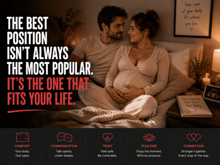 A couple discussing comfortable intimacy in a warm bedroom, representing sex positions adapted for different physical needs and life stages.