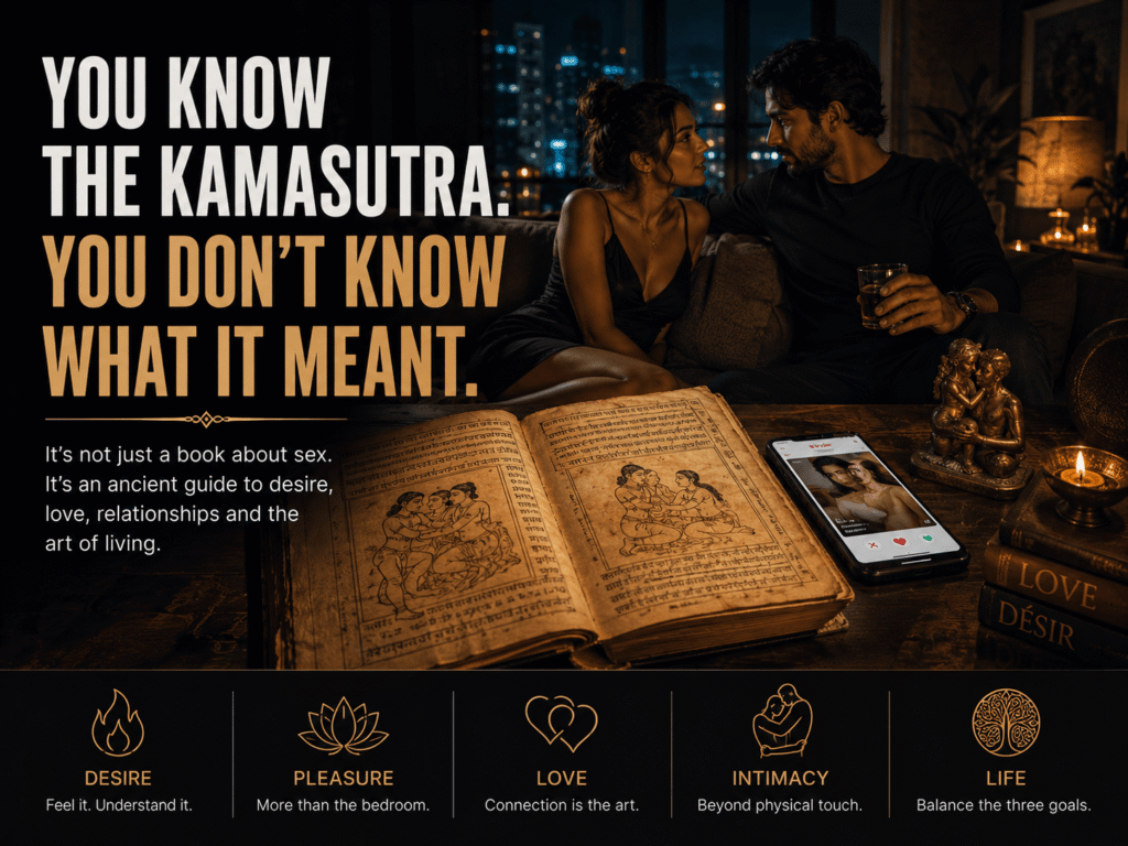 Ancient Kamasutra manuscript beside a modern smartphone and couple, symbolizing the evolution of desire, intimacy and relationships.