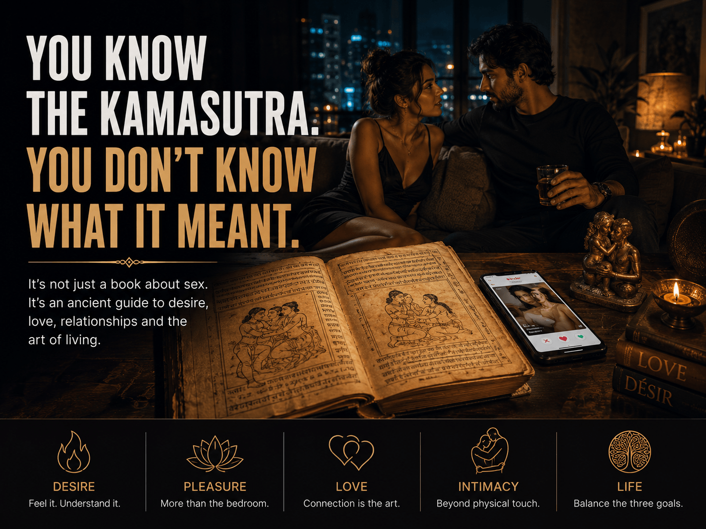 Ancient Kamasutra manuscript beside a modern smartphone and couple, symbolizing the evolution of desire, intimacy and relationships.