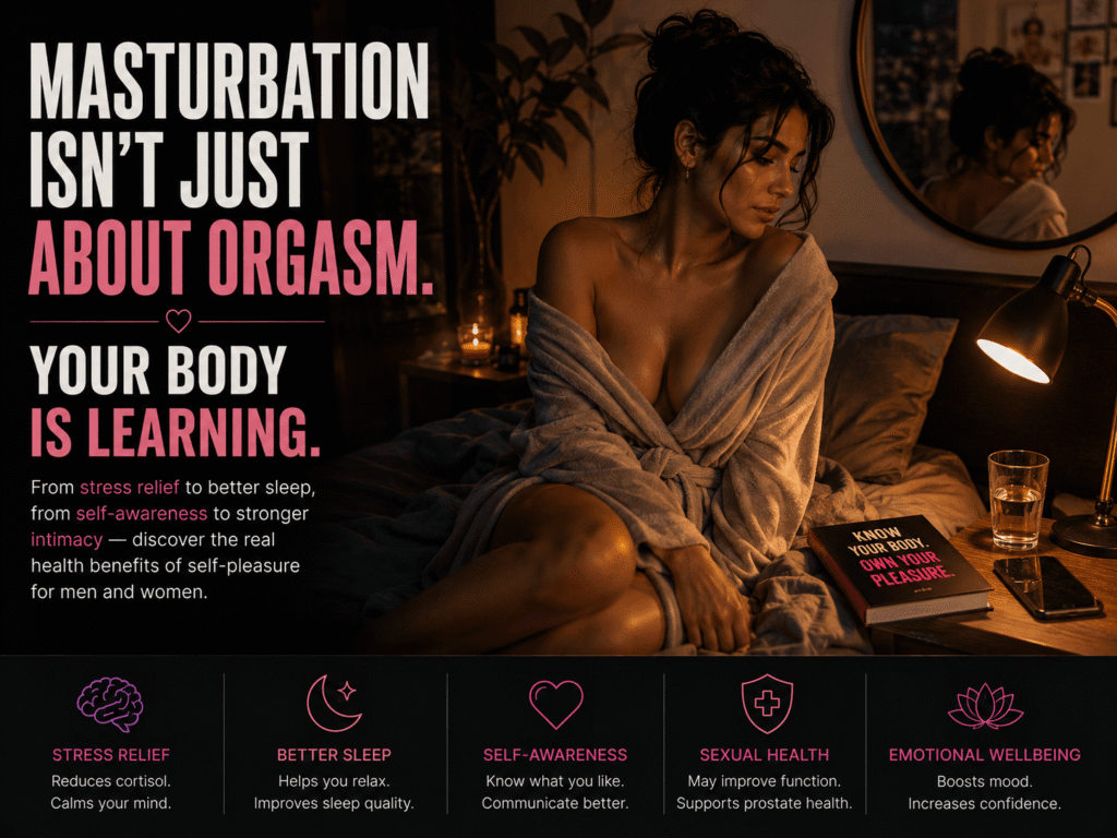 Adult woman reflecting alone in a bedroom, representing masturbation, self-knowledge, sexual wellness and private intimacy.