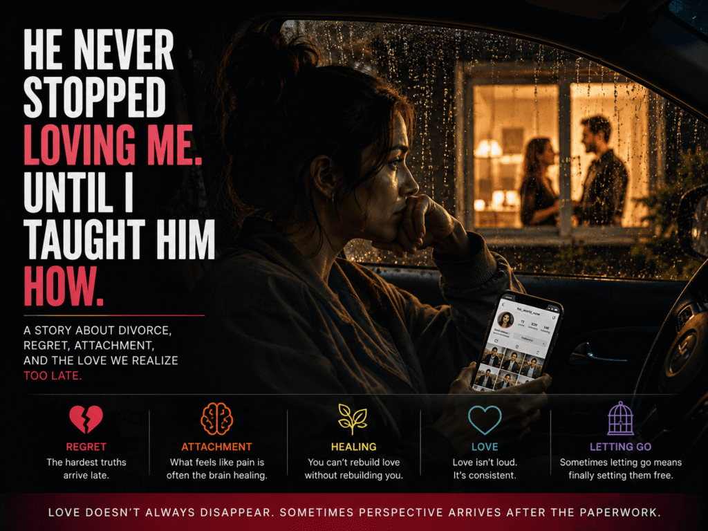 A woman sitting alone in her car at night while looking toward her ex-husband's home, reflecting on love, divorce, regret, and emotional healing.