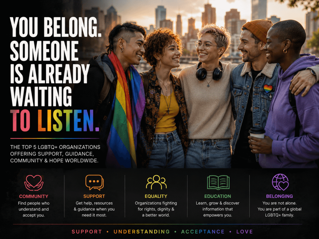 A diverse group of LGBTQ+ individuals standing together in a welcoming urban setting, symbolizing community, support, inclusion, and emotional wellbeing.