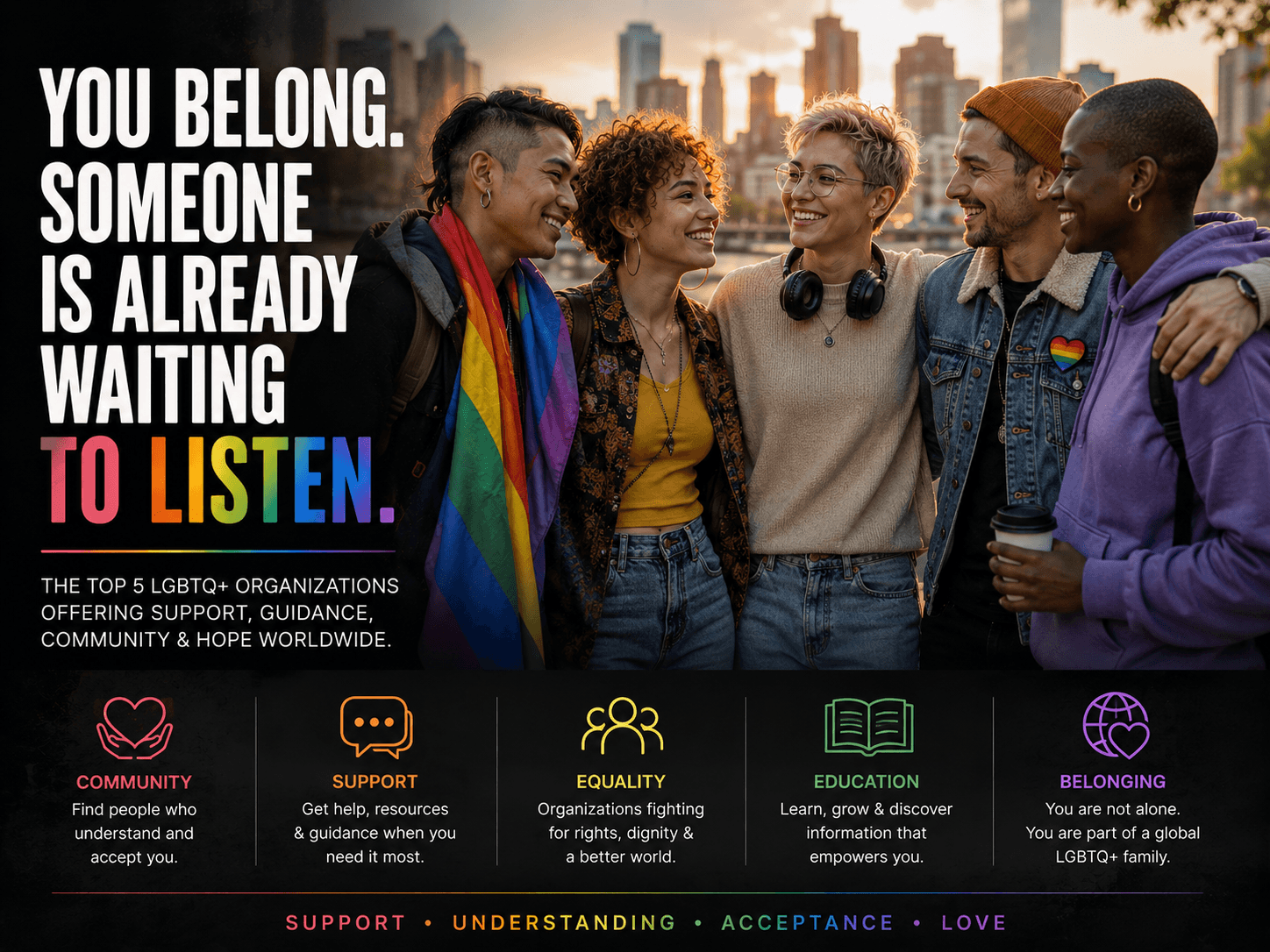 A diverse group of LGBTQ+ individuals standing together in a welcoming urban setting, symbolizing community, support, inclusion, and emotional wellbeing.