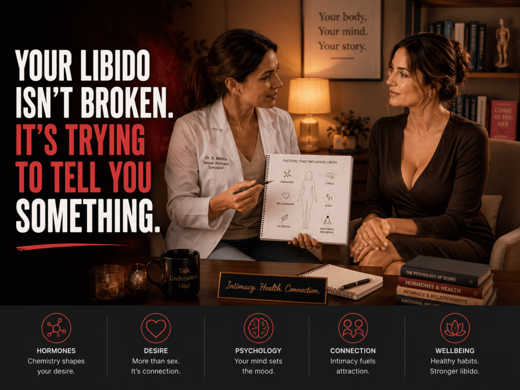 Doctor explaining libido and sexual wellbeing to a woman during a consultation about intimacy and emotional health.